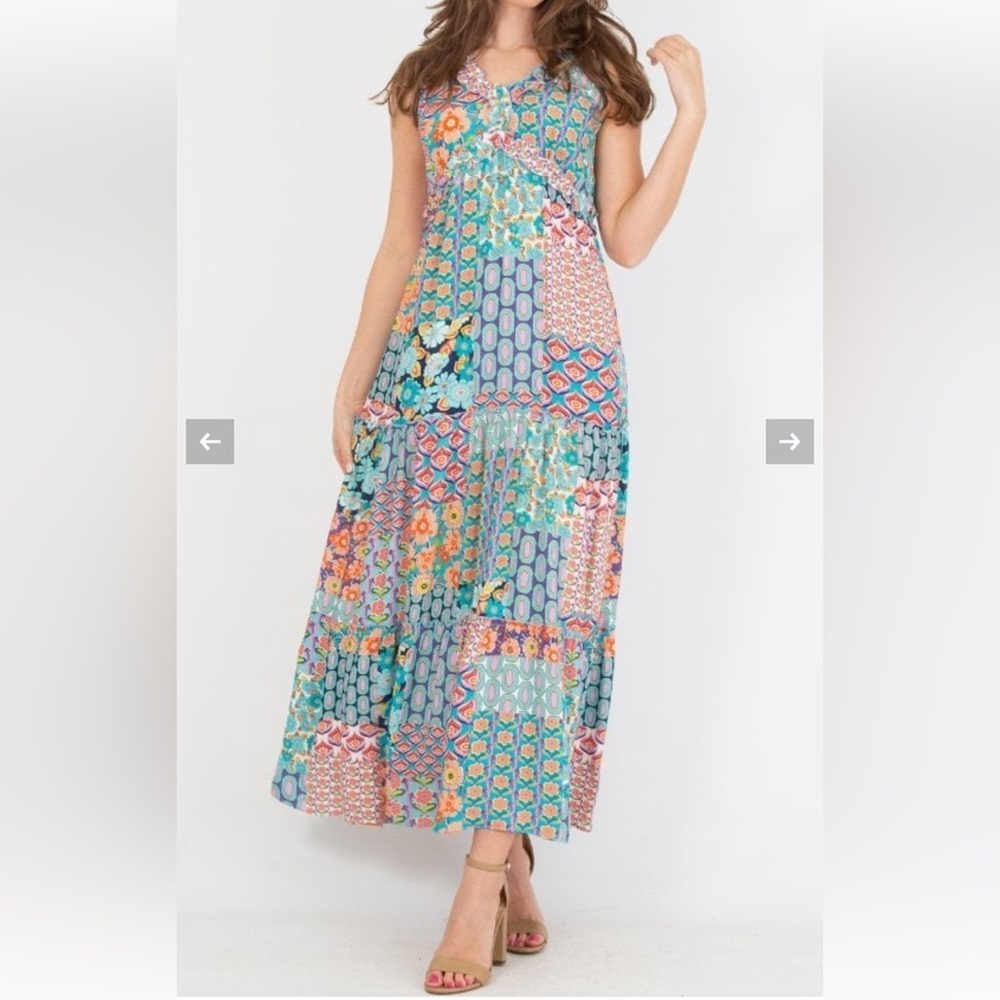 TINTA 100% Viscose Made in Spain Colorful Floral Patchwork Maxi Dress F32